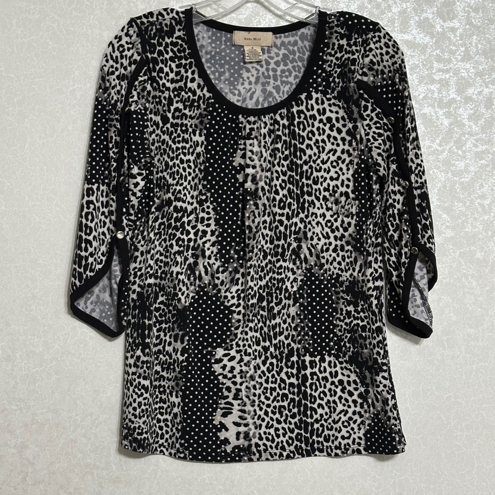 Diana Belle Black & White Animal Print Top Polka Dot 3/4 Sleeve Blouse Stretch S